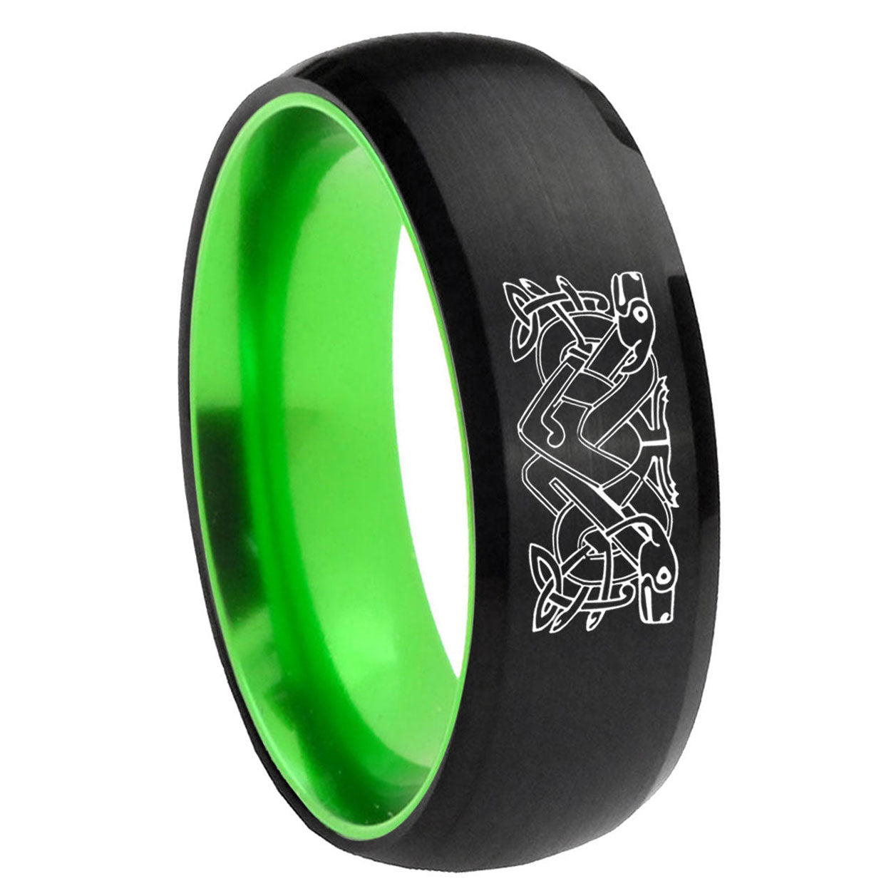 8mm Celtic Dog Dome Black And Green Tungsten Men's Wedding Ring