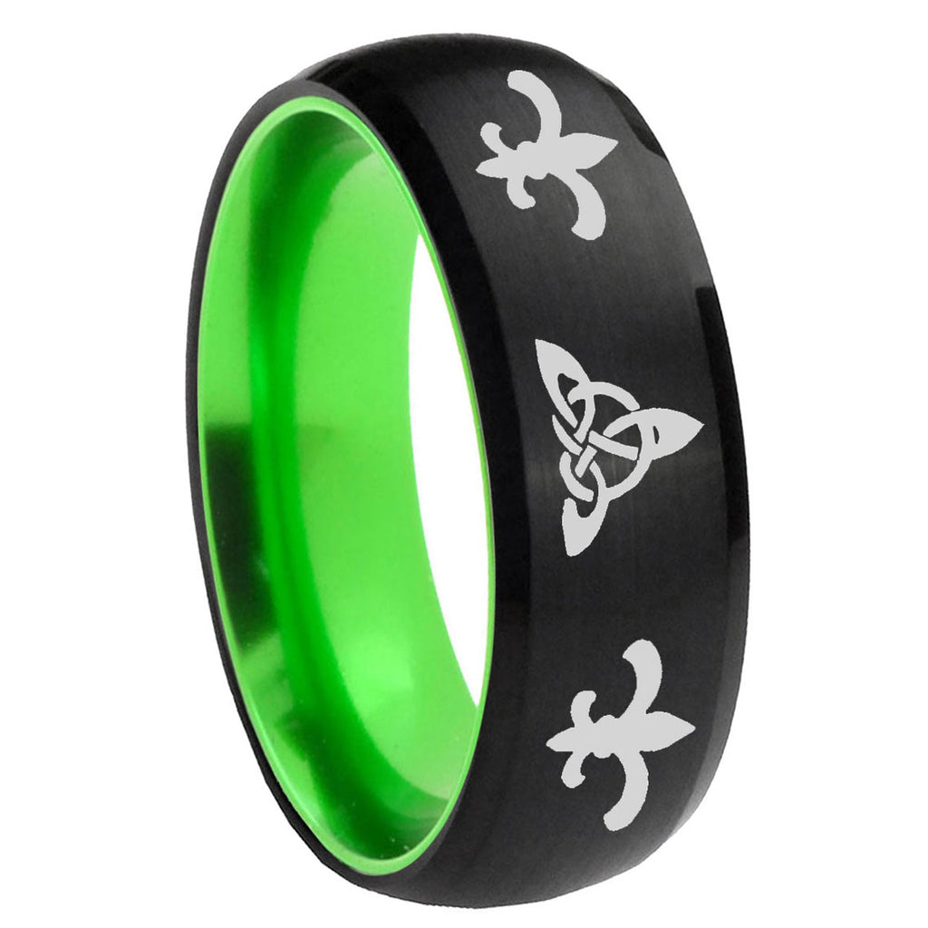 8mm Celtic Triangle Fleur-De-Lis Dome Black Green Tungsten Ring