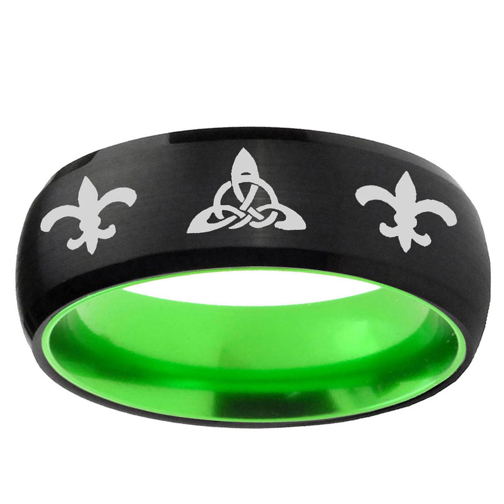 Celtic Triangle Fleur-De-Lis Dome Black Green Tungsten Ring
