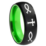 8mm Fish & Cross Dome Black And Green Tungsten Carbide Wedding Band Men's