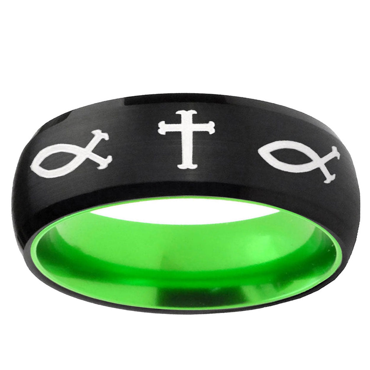 Fish & Cross Dome Black And Green Tungsten Wedding Band