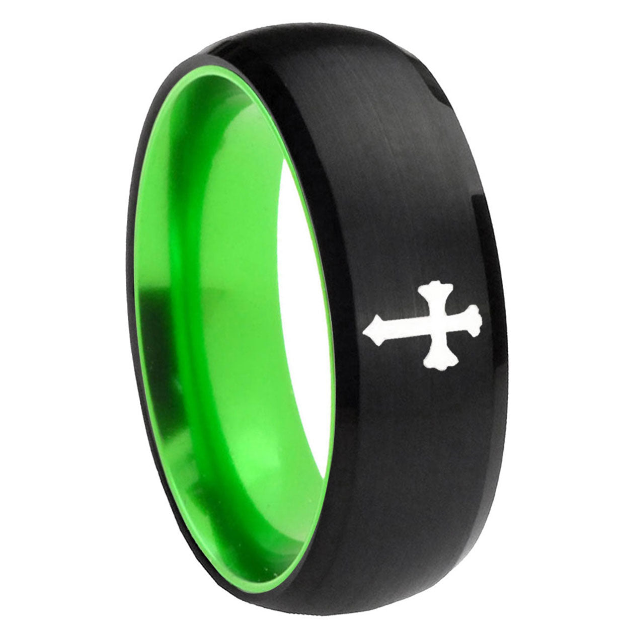 8mm Flat Christian Cross Dome Black Green Tungsten Custom Ring