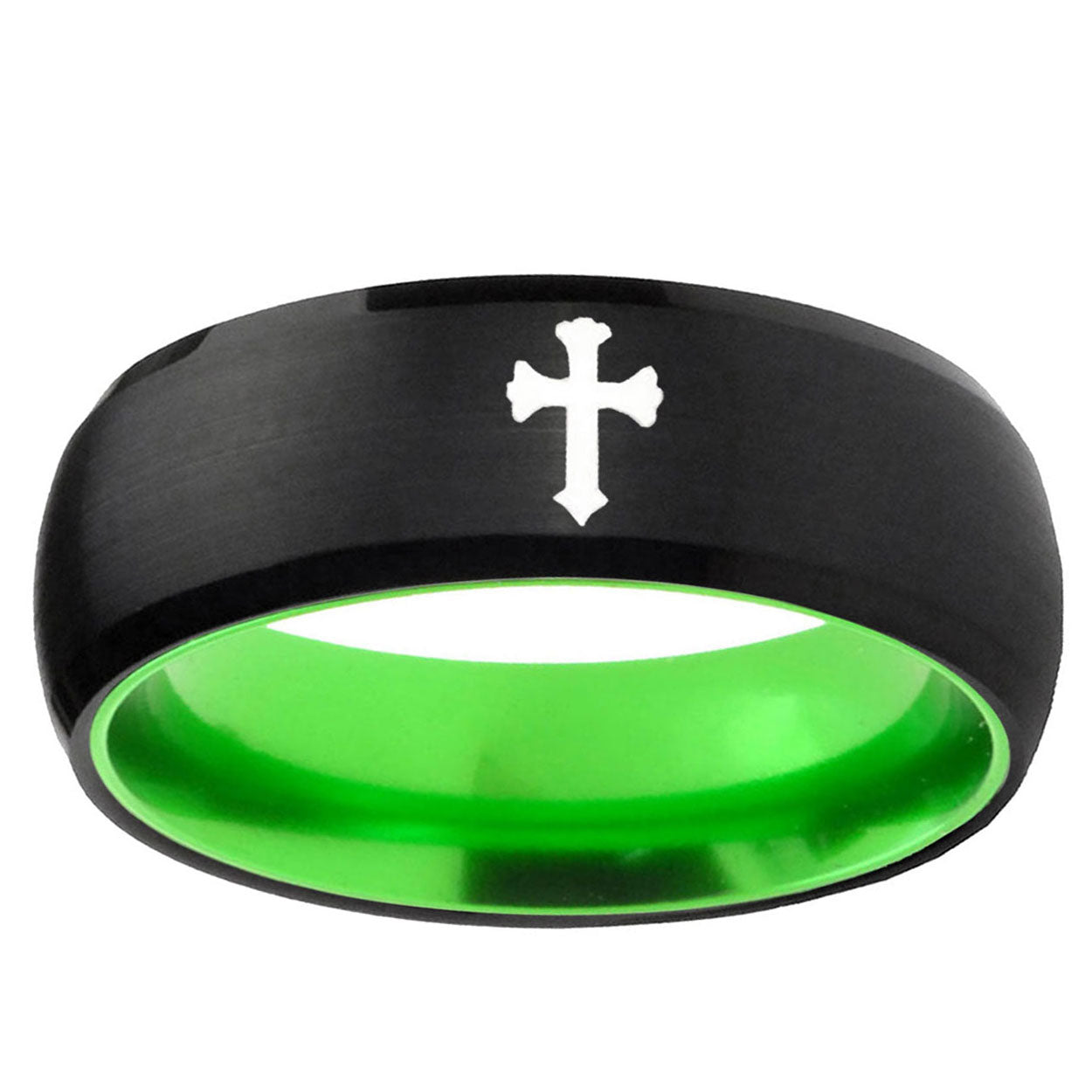 Flat Christian Cross Dome Black Green Tungsten Custom Ring