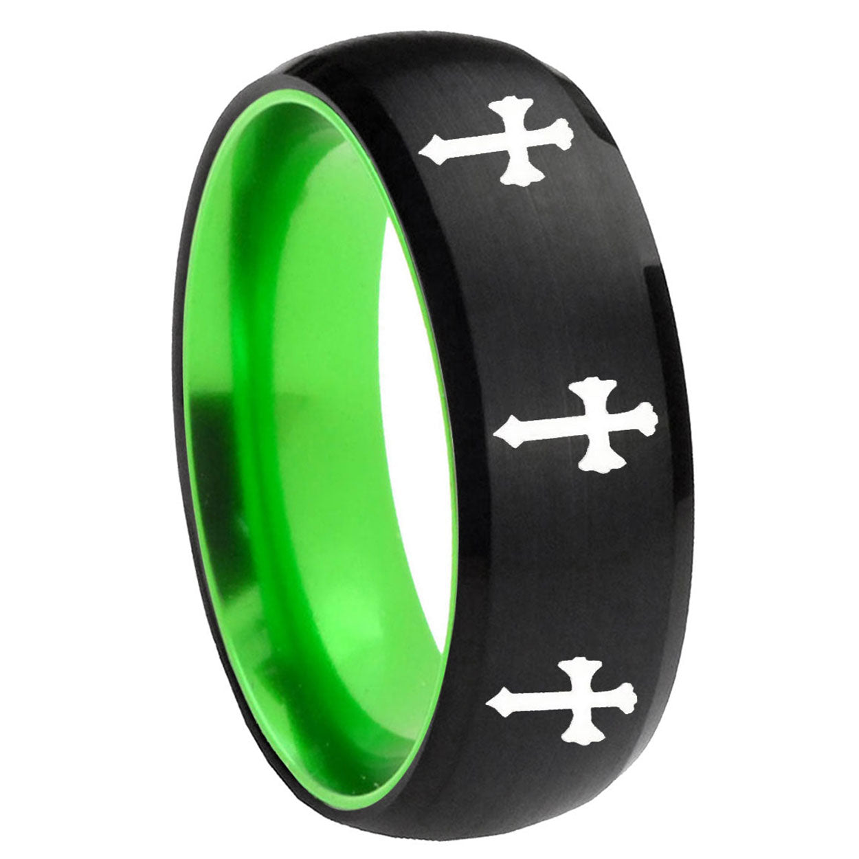 8mm Multiple Christian Cross Dome Black And Green Tungsten Ring