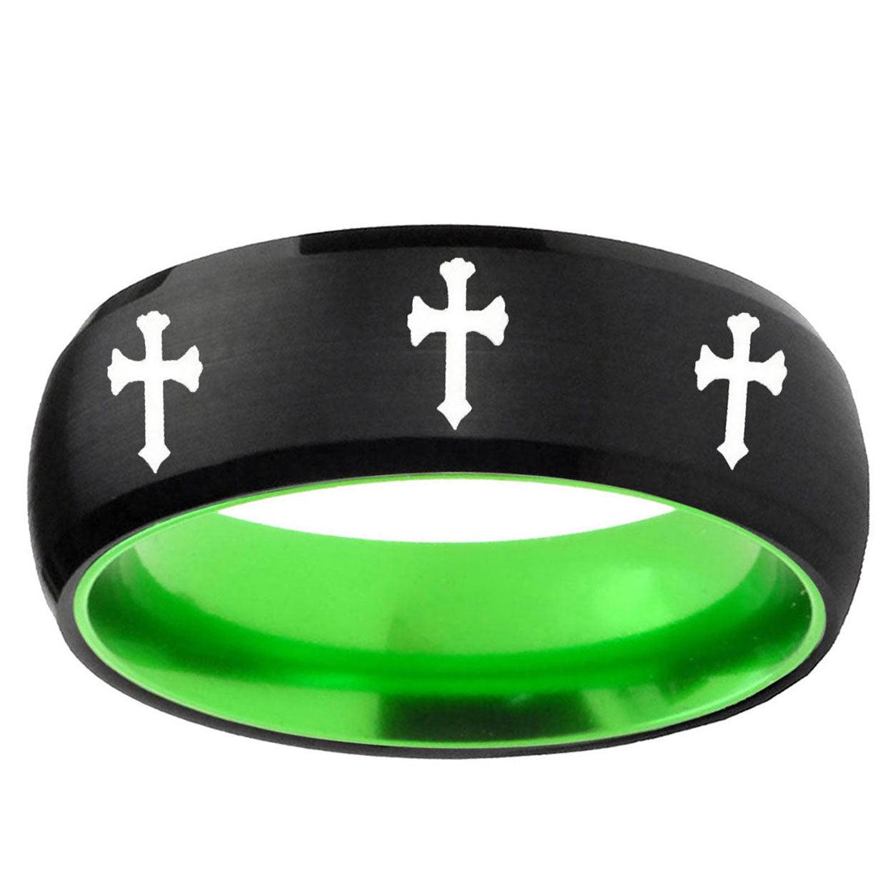 Multiple Christian Cross Dome Black And Green Tungsten Ring