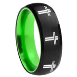 8mm Multiple Christian Cross Dome Black And Green Tungsten Men's Band Ring