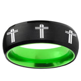 Multiple Christian Cross Dome Black And Green Tungsten Men's Band Ring