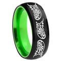 8mm Etched Tribal Pattern Dome Black Green Tungsten Ring