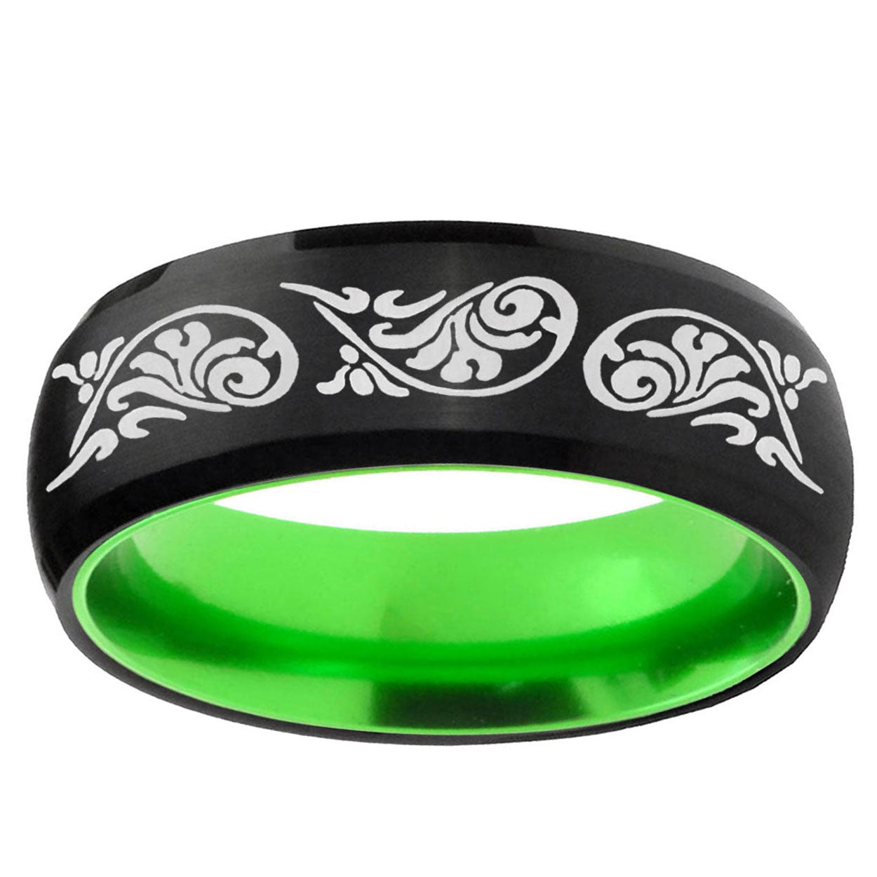 Etched Tribal Pattern Dome Black Green Tungsten Ring
