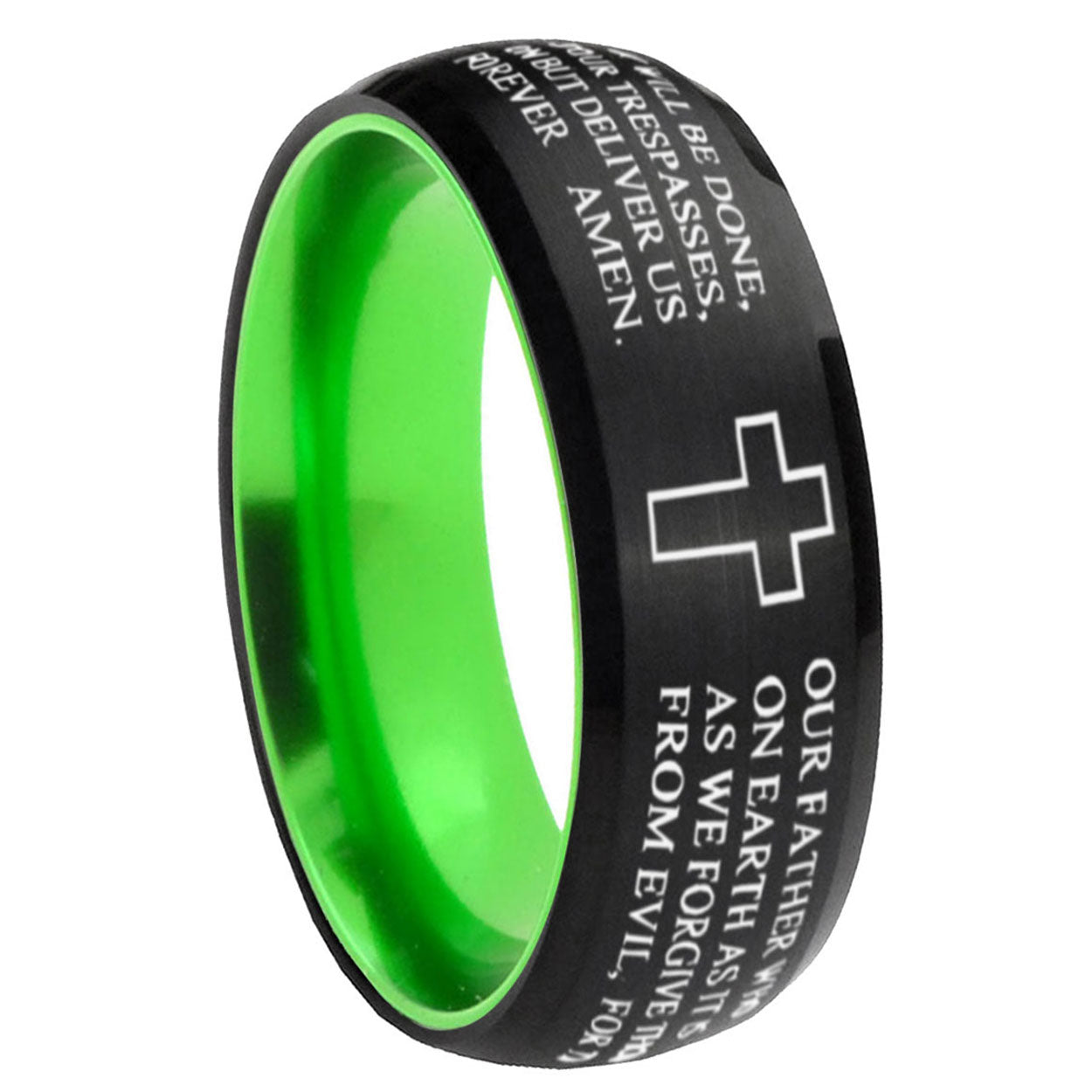8mm Etched Lord's Prayer Cross Dome Black Green Tungsten Ring