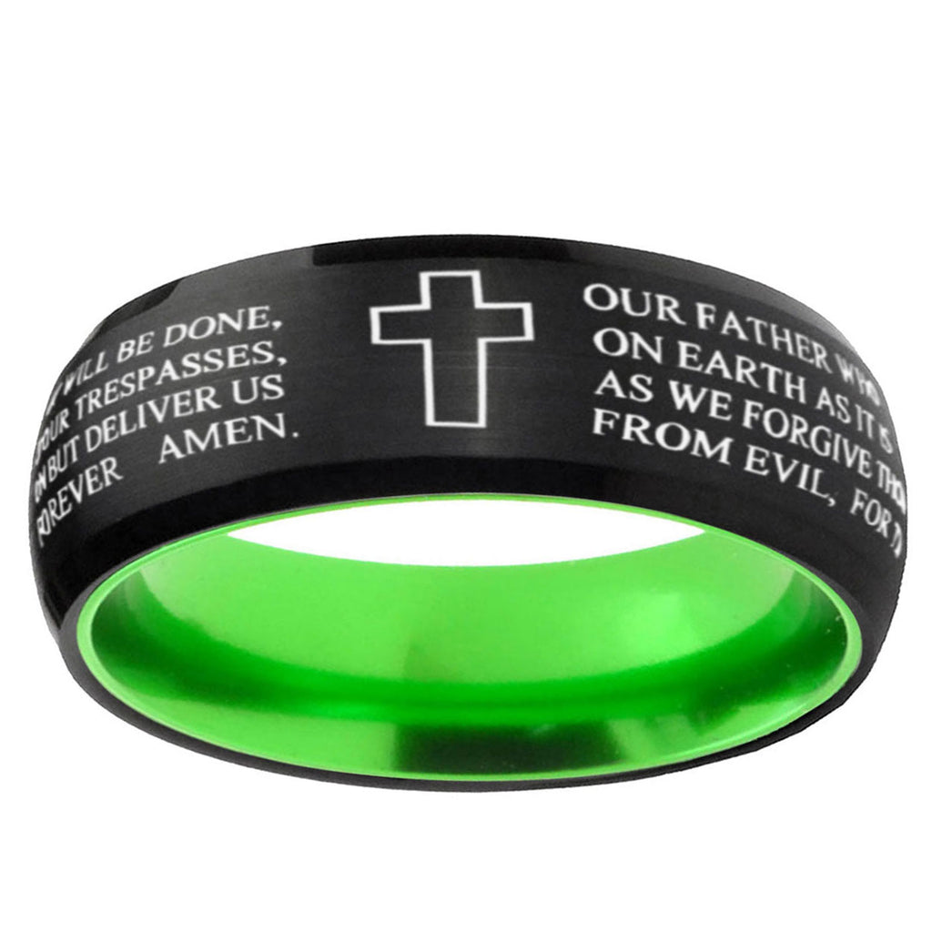 Etched Lord's Prayer Cross Dome Black Green Tungsten Ring
