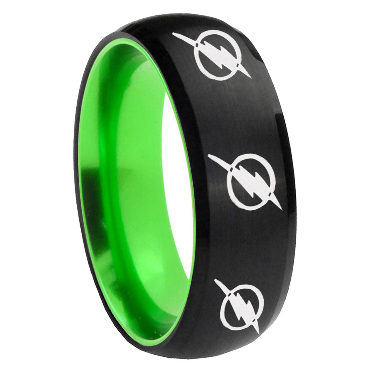 8mm Multiple Flash Dome Black And Green Mens Wide Wedding Bands
