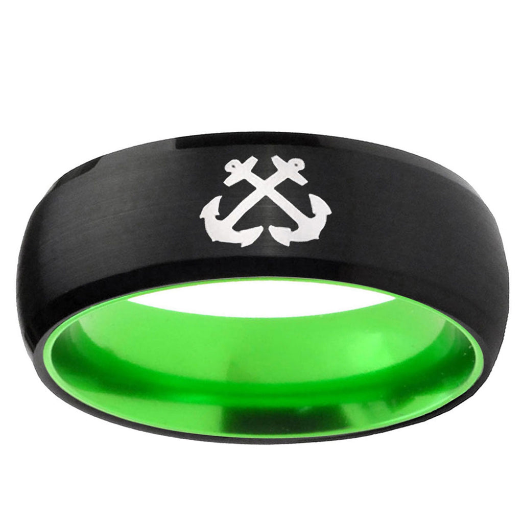 Anchor Dome Black And Green Tungsten Wedding Band Ring