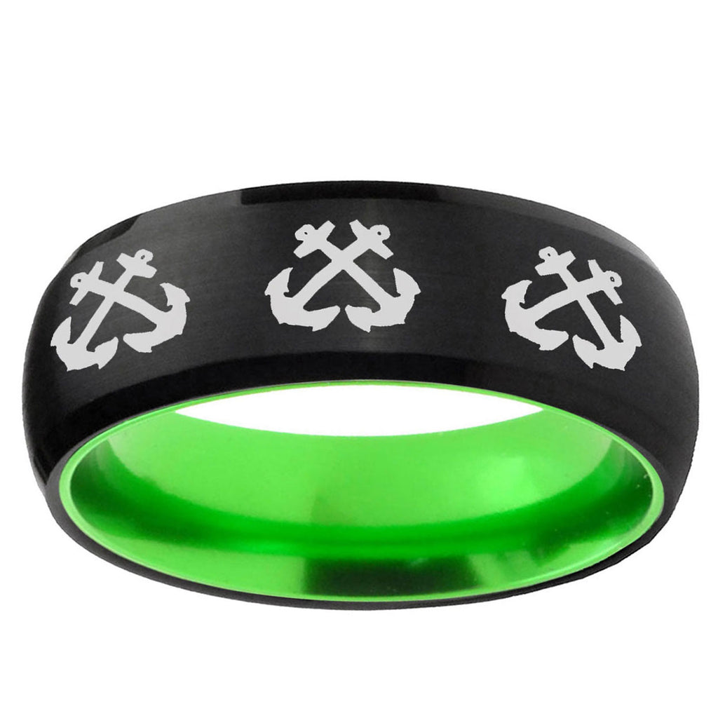 Multiple Anchor Dome Black And Green Tungsten Wedding Band