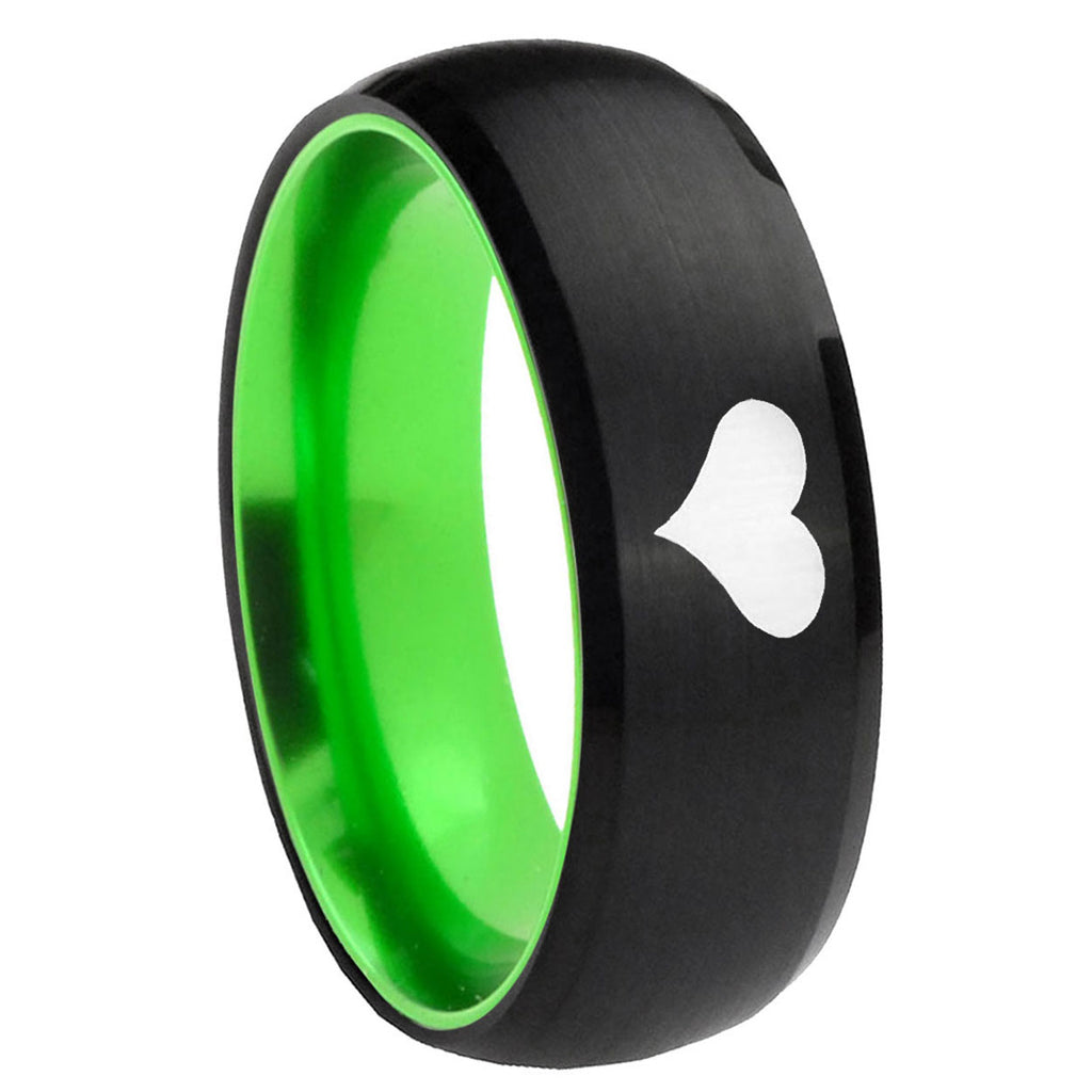 8mm Heart Dome Black And Green Tungsten Carbide Engraved Ring