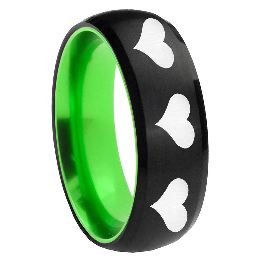 8mm Multiple Heart Dome Black Green Tungsten Anniversary Ring