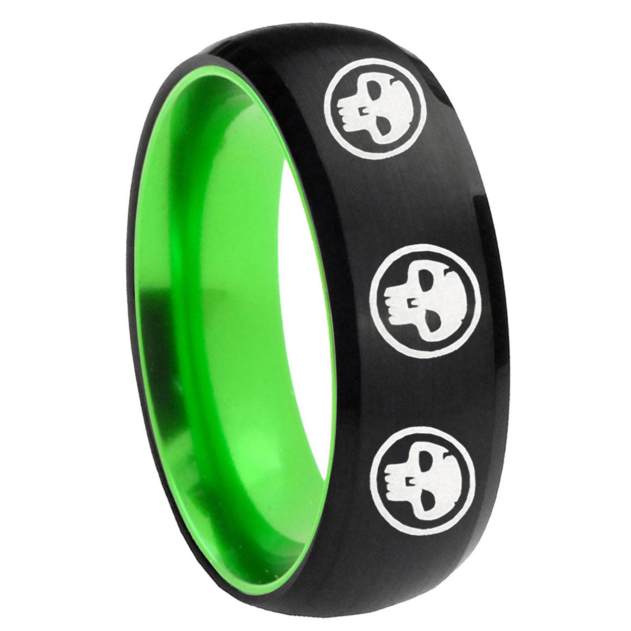 8mm Multiple Skull Dome Black Green Tungsten Anniversary Ring