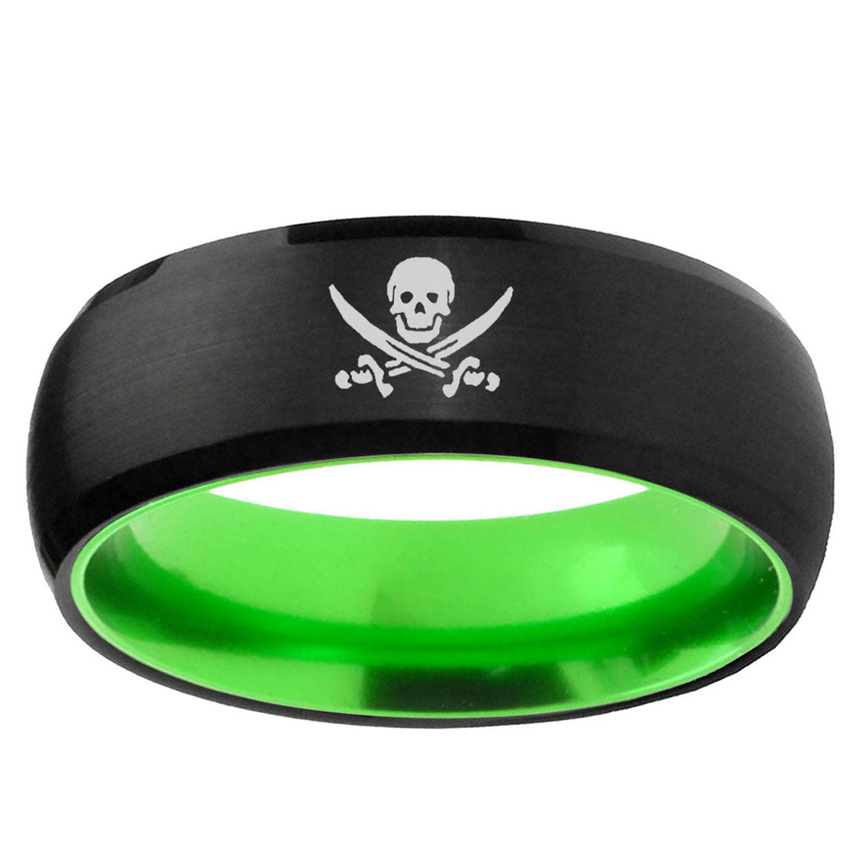Skull Pirate Dome Black And Green Tungsten Mens Ring