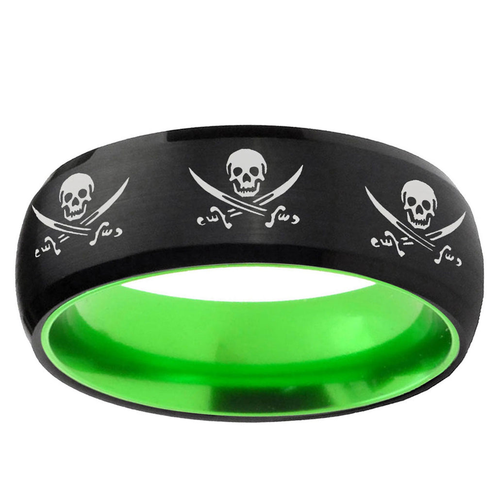 Multiple Skull Pirate Dome Black Green Tungsten Ring