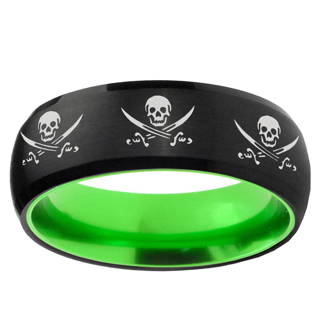 Multiple Skull Pirate Dome Black Green Tungsten Ring