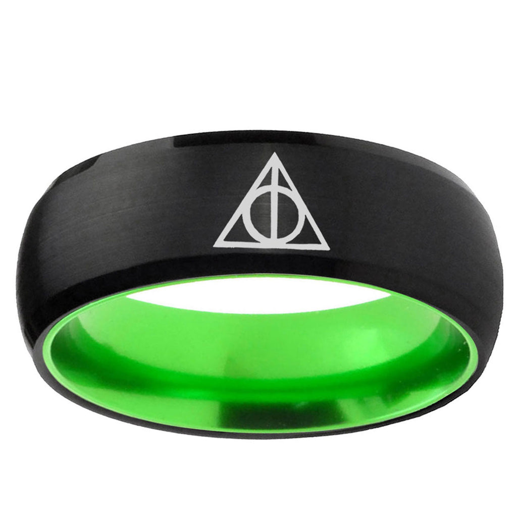 Deathly Hallows Dome Black Green Tungsten Personalized Ring