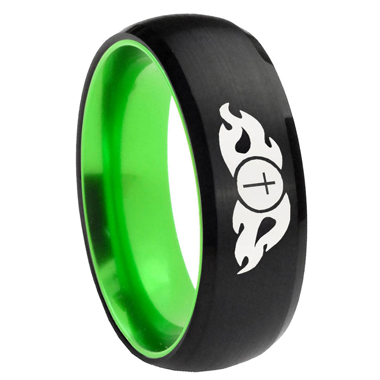 8mm Flamed Cross Dome Black And Green Tungsten Promise Ring