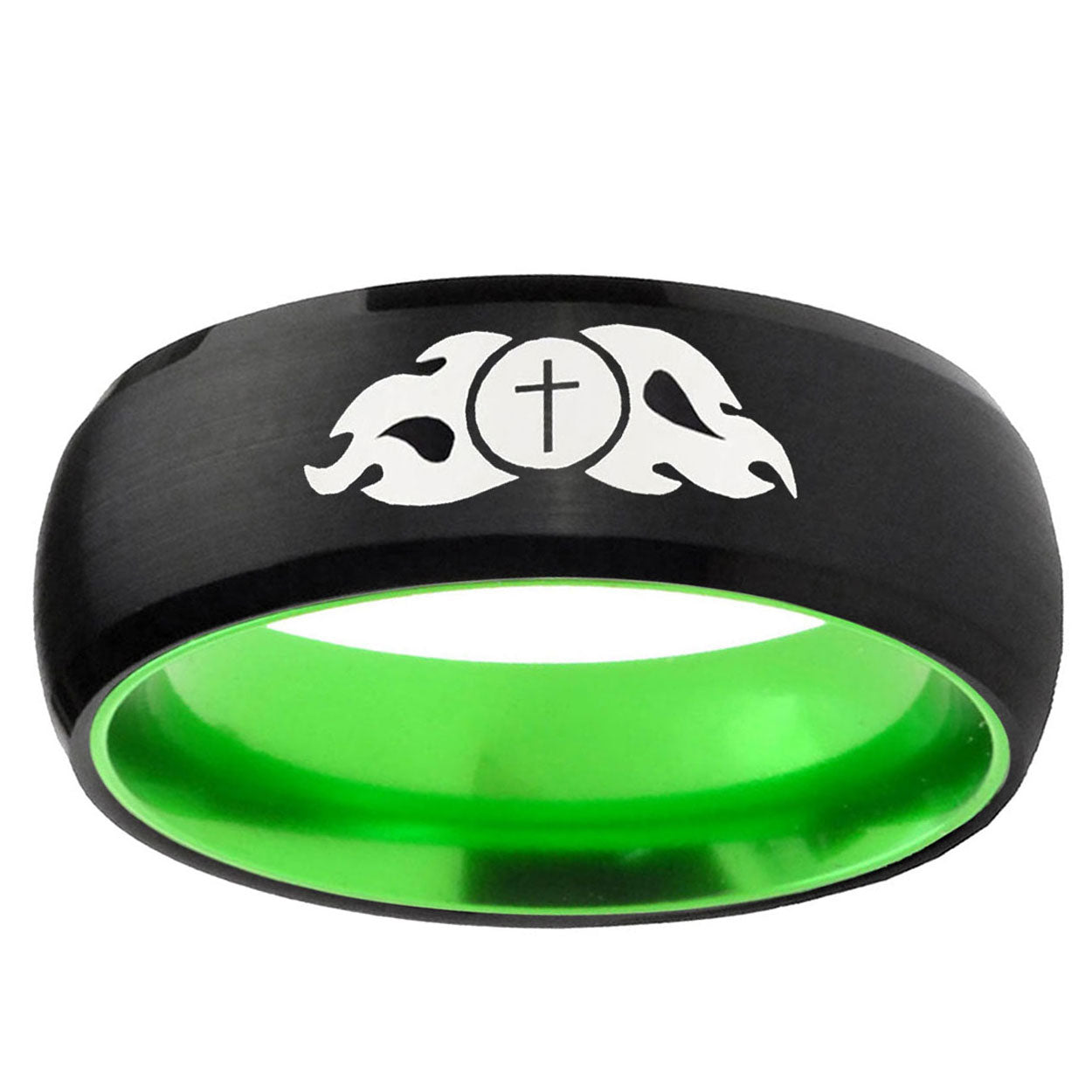 Flamed Cross Dome Black And Green Tungsten Promise Ring