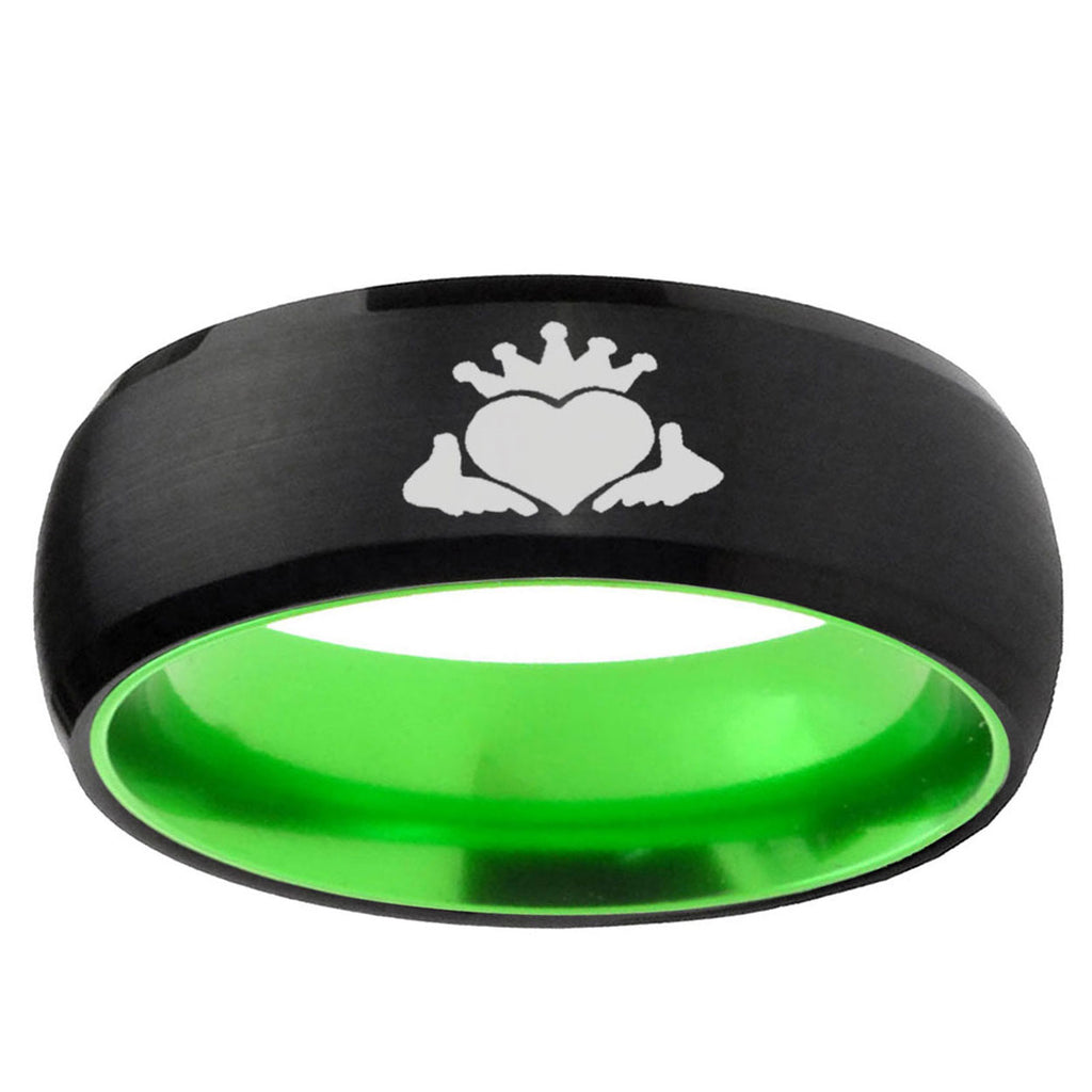Claddagh Design Dome Black Green Tungsten Anniversary Ring