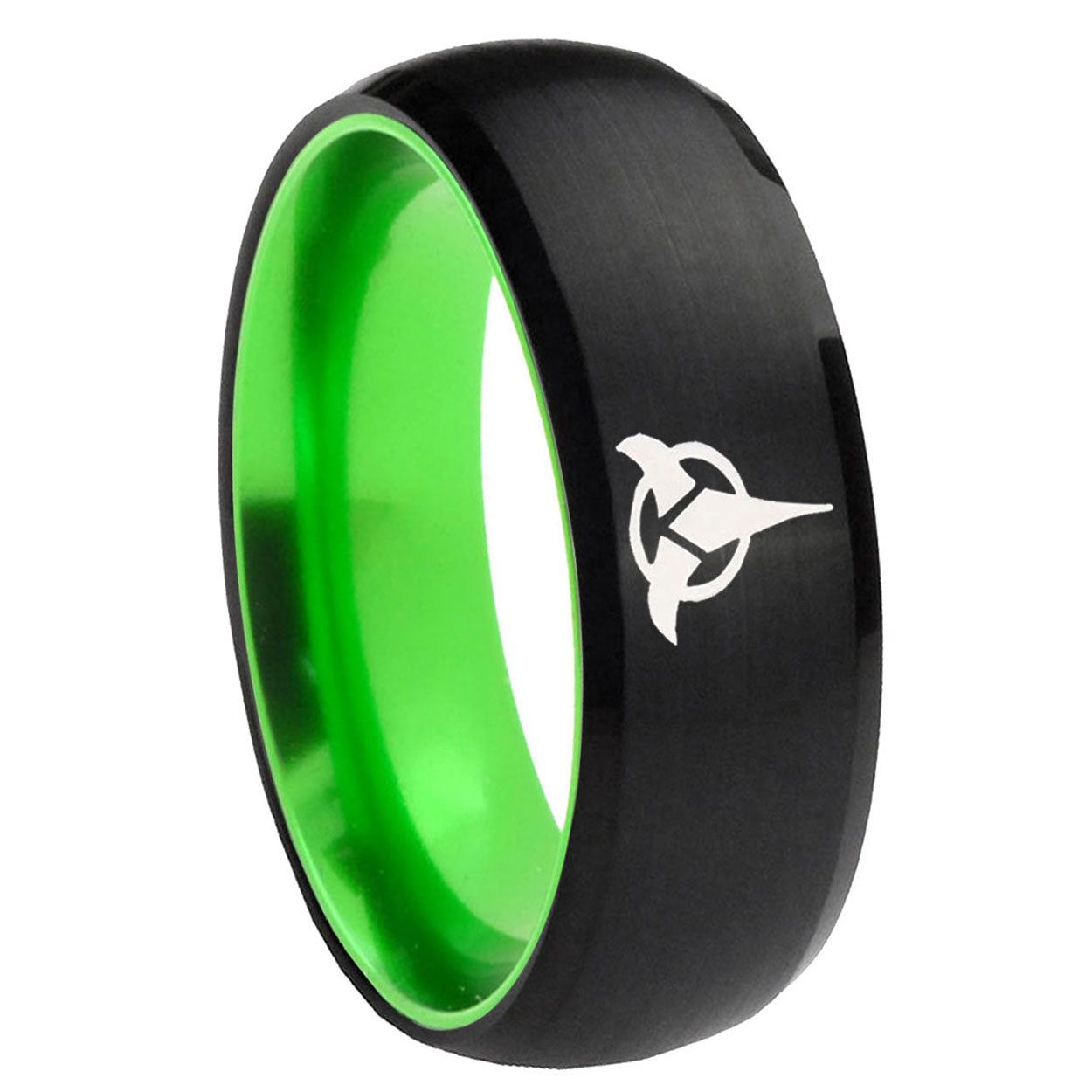 8mm Klingon Dome Black And Green Tungsten Carbide Engraved Ring