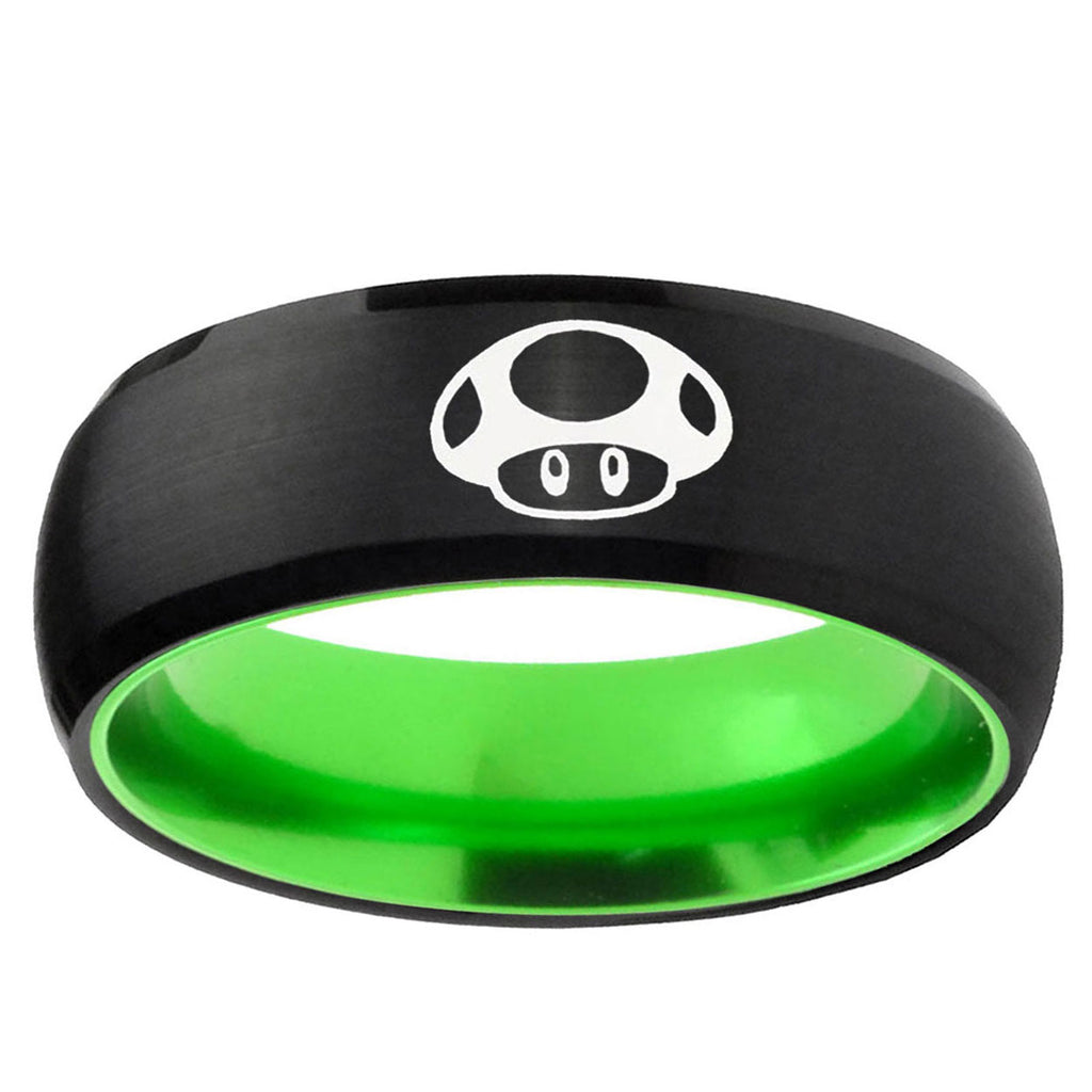 Mario Mushroom Dome Black Green Tungsten Mens Bands Ring