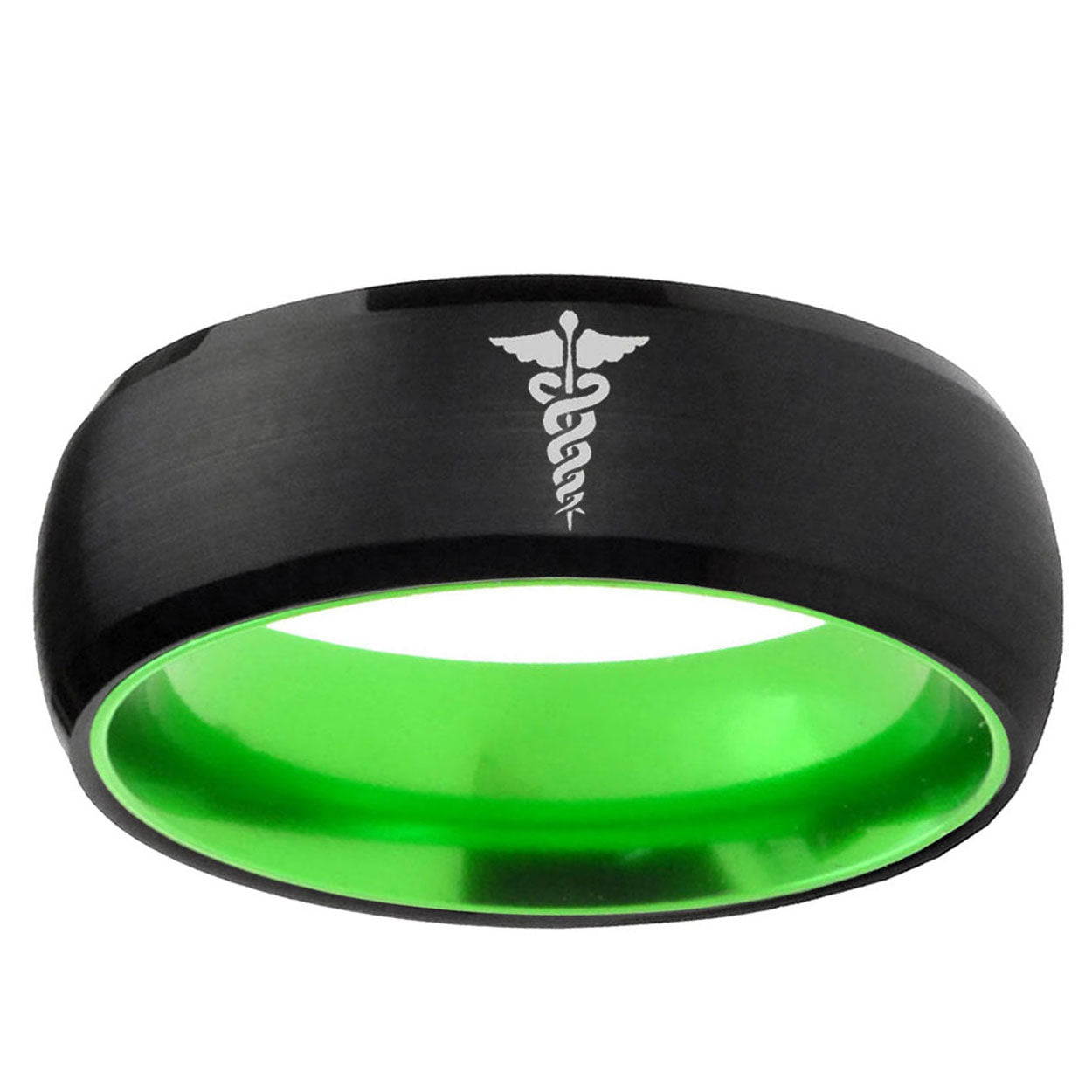 Medical Symbol Dome Black And Green Tungsten Band