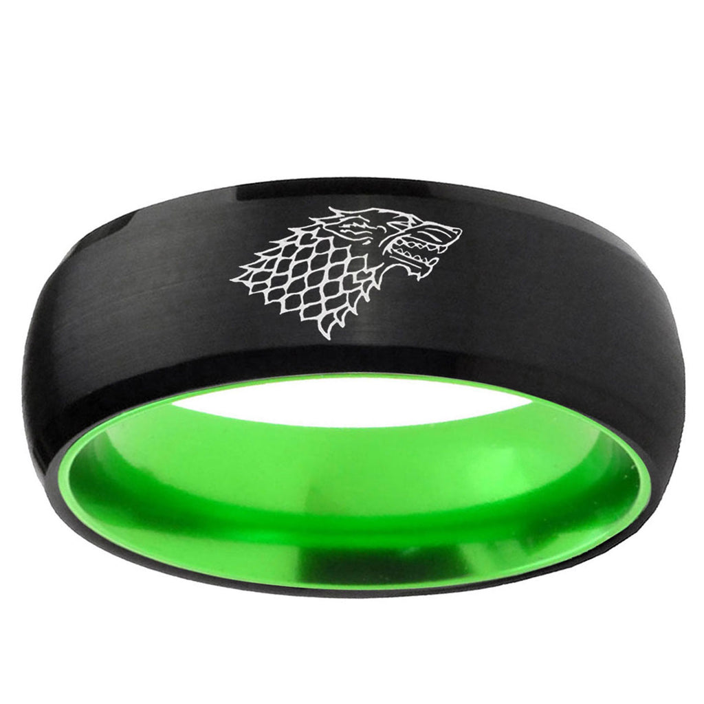 Game Of Thrones House Stark Direwolf Dome Black Green Tungsten Ring