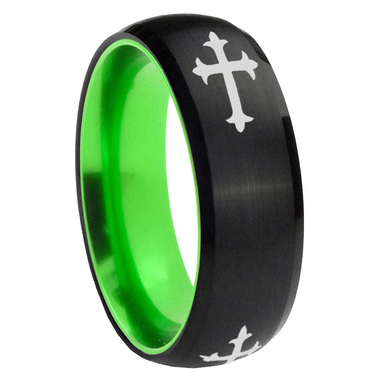 8mm Christian Cross Religious Dome Black Green Tungsten Ring