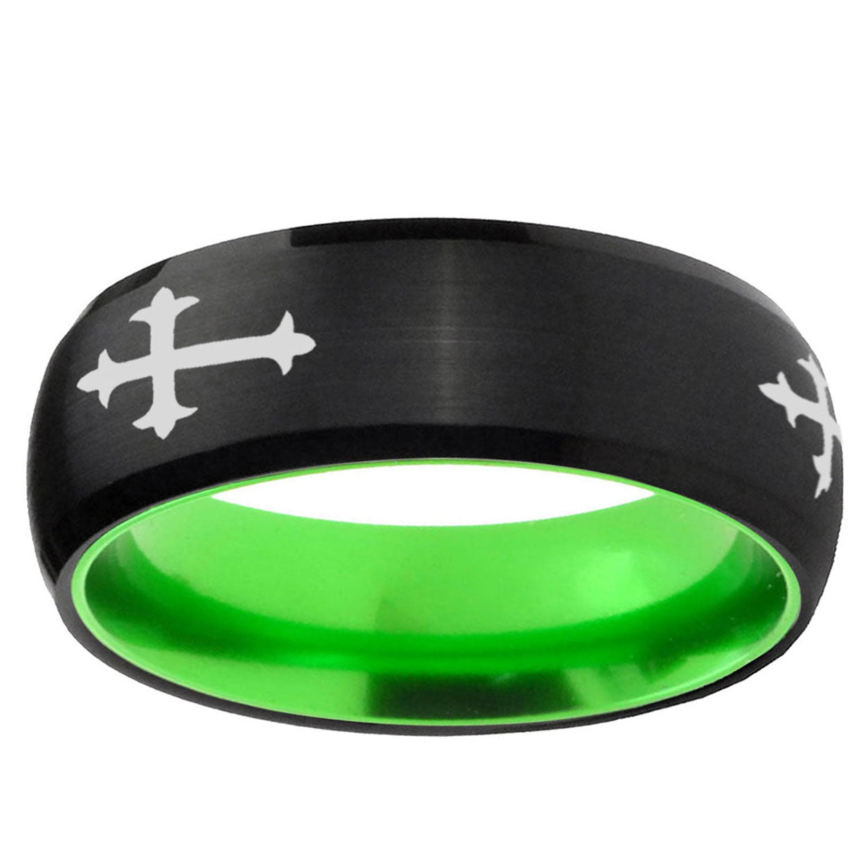 Christian Cross Religious Dome Black Green Tungsten Ring