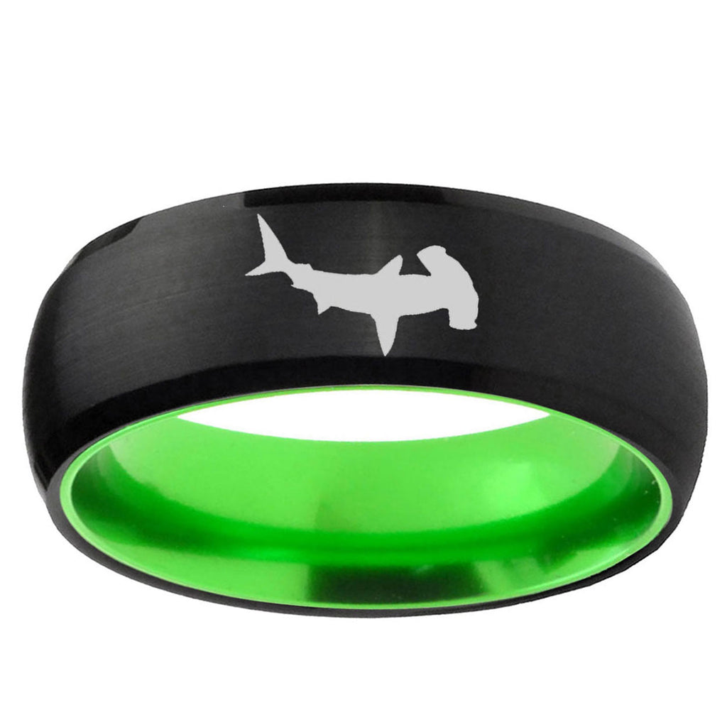 Hammerhead Shark Dome Black And Green Tungsten Ring