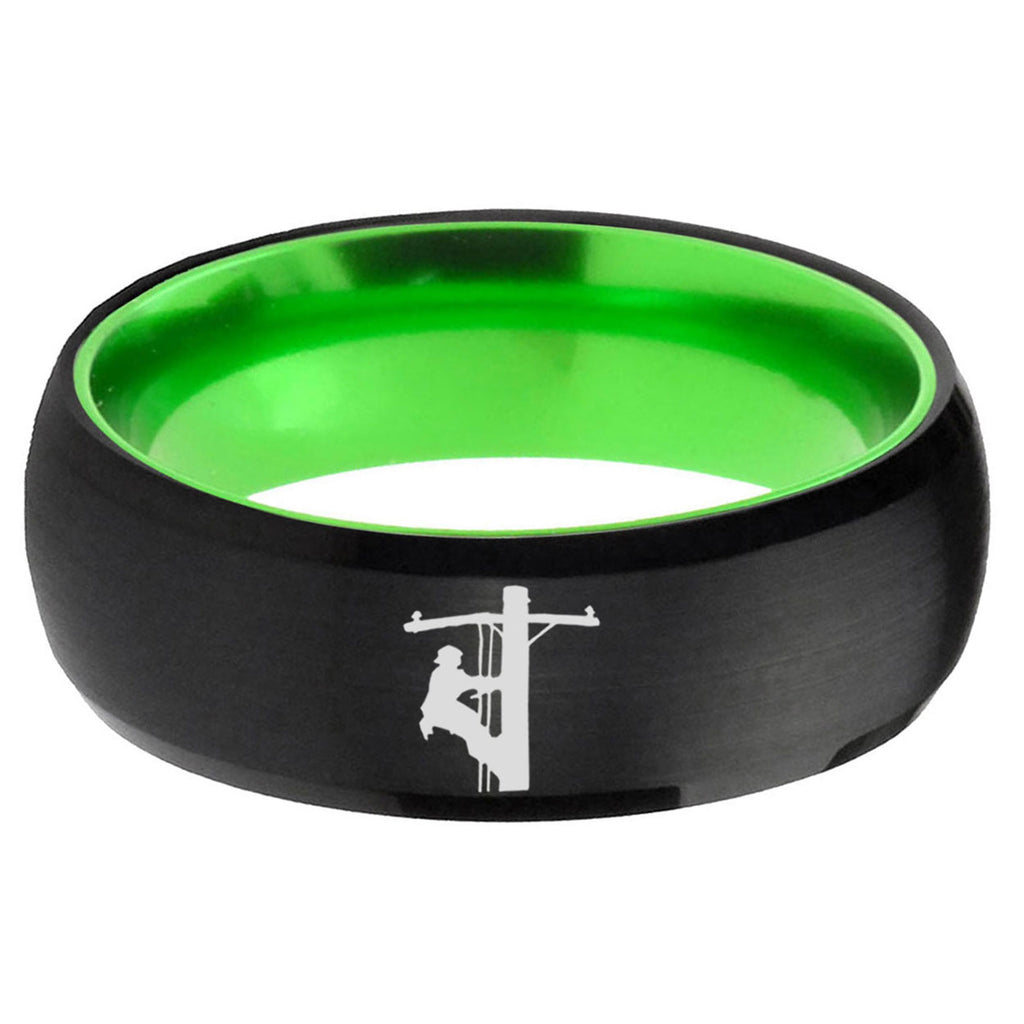 Lineman Symbol Dome Black Green Tungsten Mens Bands