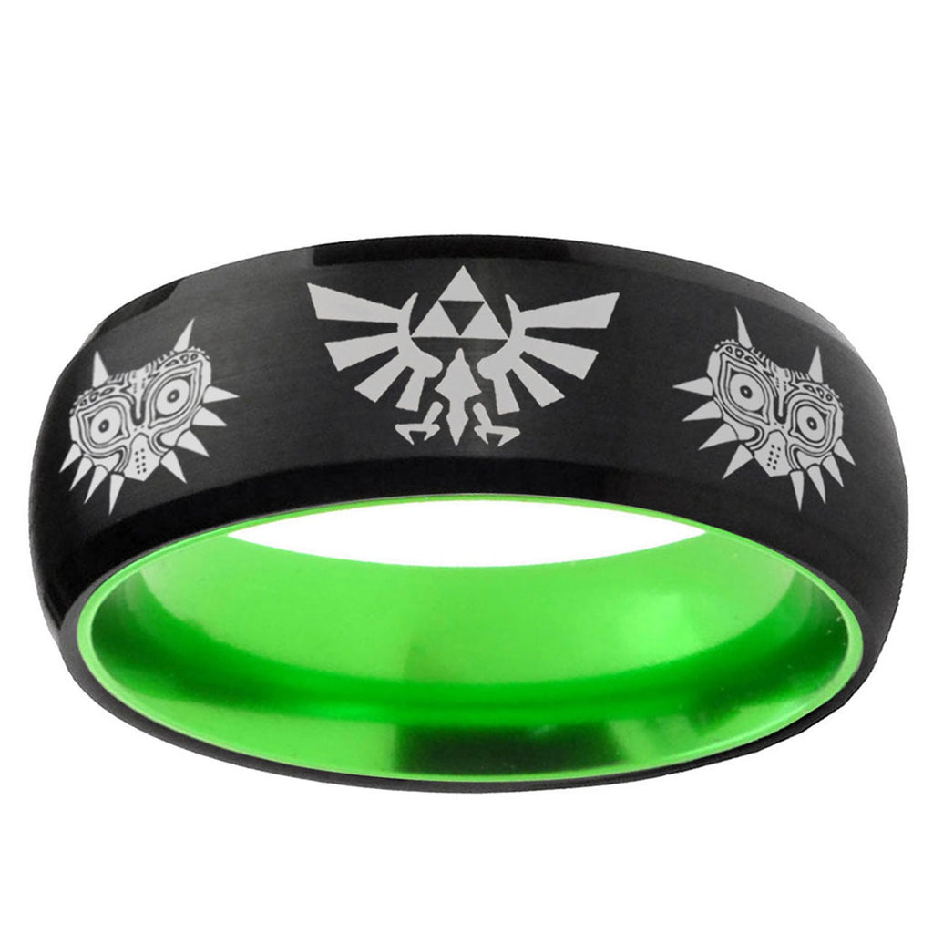 Zelda Majora's Mask Dome Black Green Tungsten Mens Bands