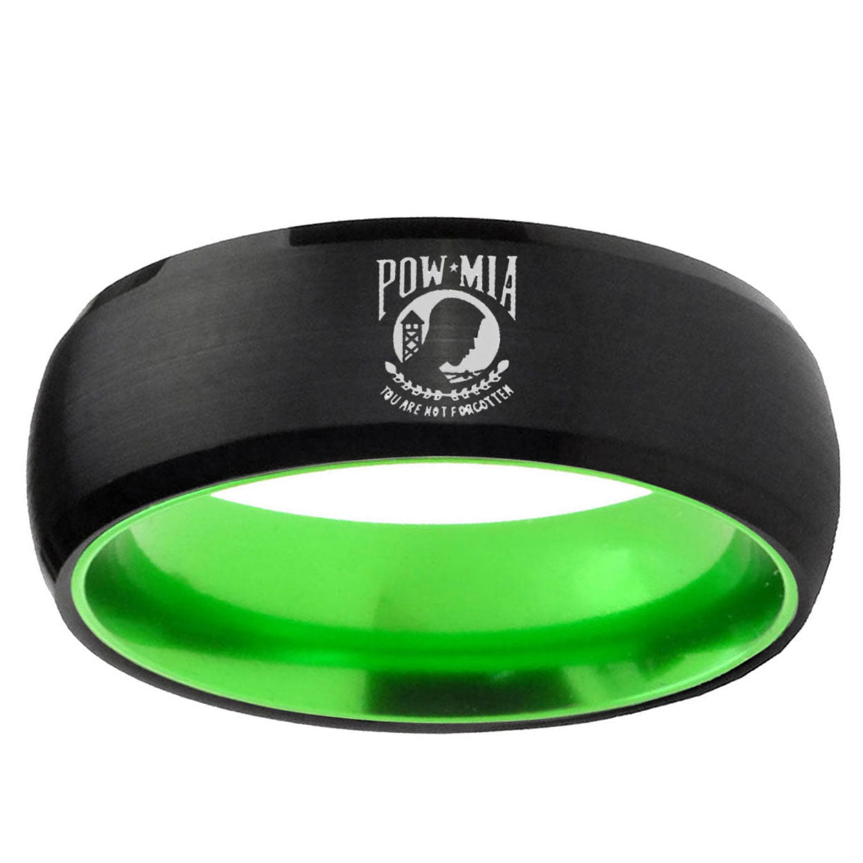 Military Pow Dome Black And Green Tungsten Mens Ring