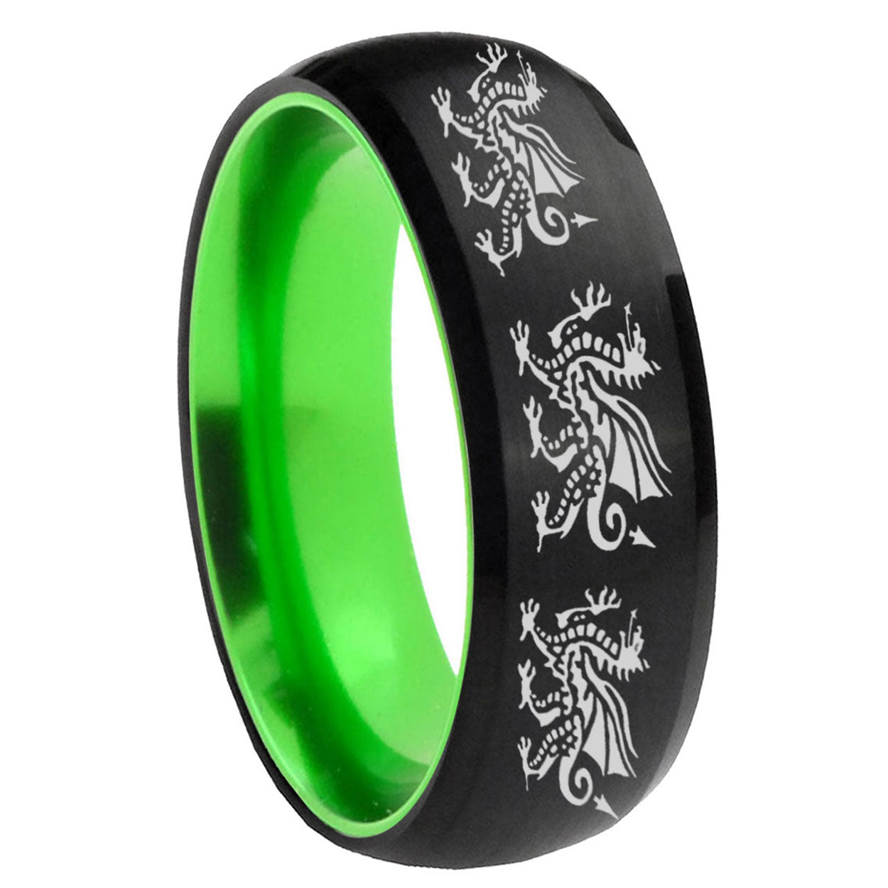 8mm Multiple Dragon Dome Black And Green Tungsten Mens Ring