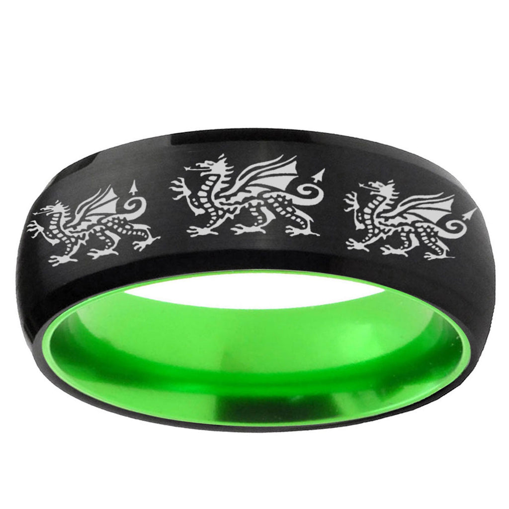 Multiple Dragon Dome Black And Green Tungsten Mens Ring