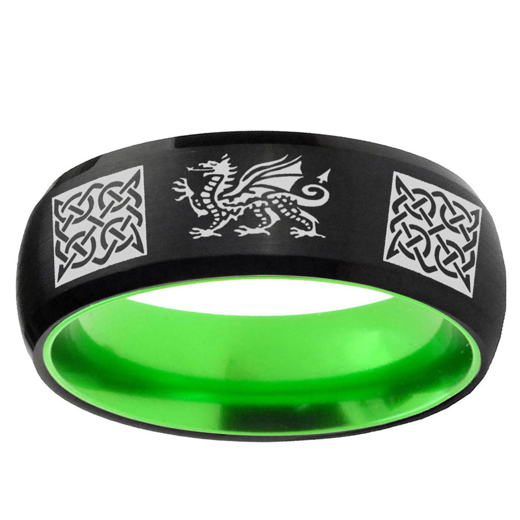 Multiple Dragon Celtic Dome Black Green Tungsten Ring