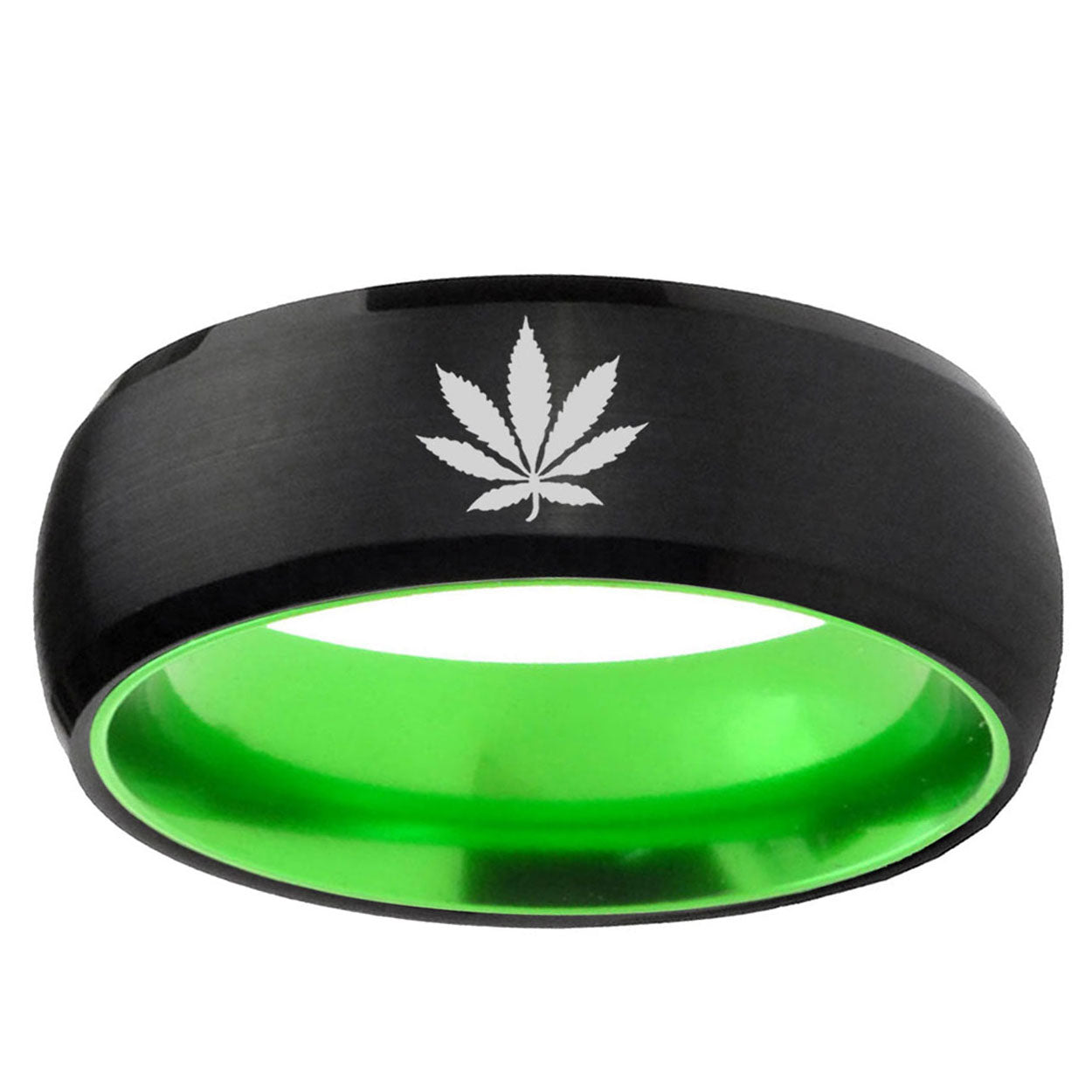 Marijuana Leaf Dome Black Green Tungsten Wedding Ring Male