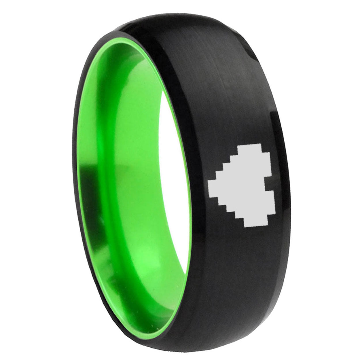 8mm Dome Black And Green Zelda Heart Tungsten Engraved Ring
