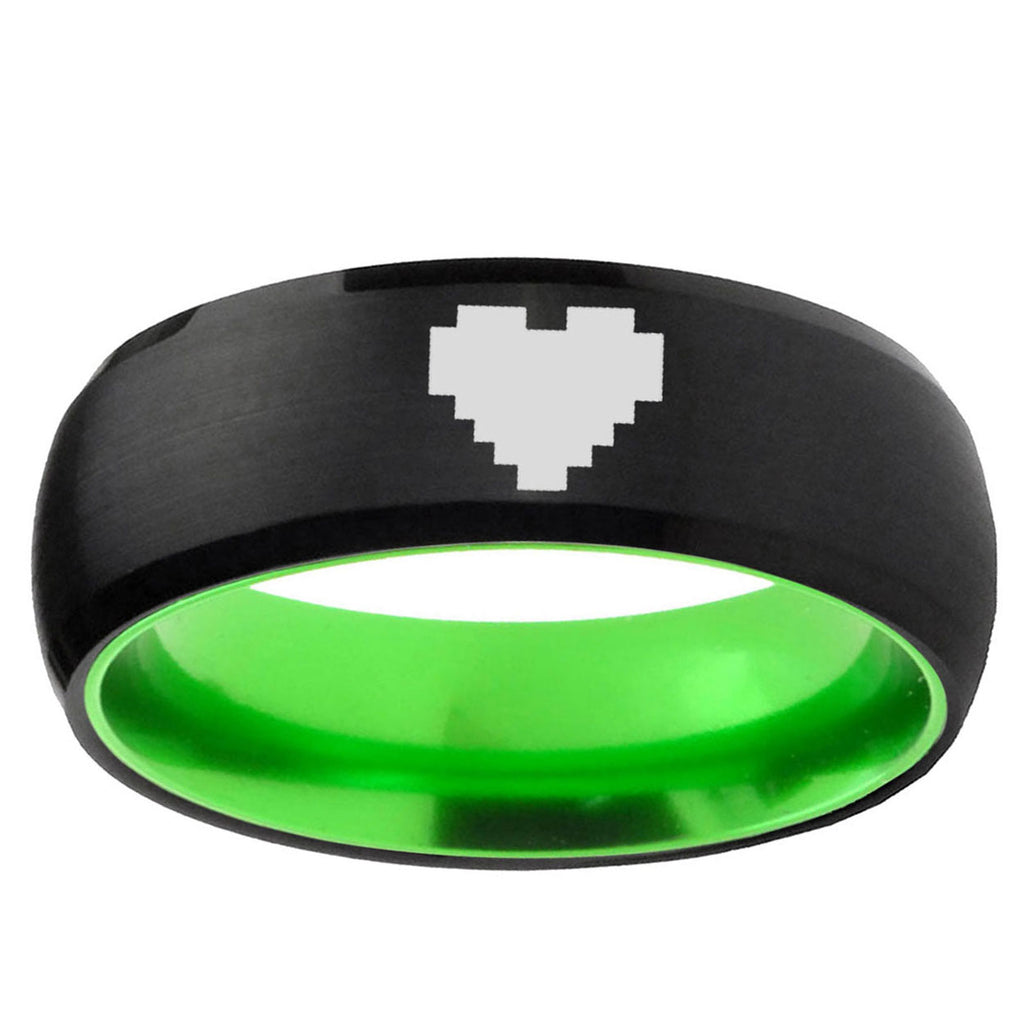Dome Black And Green Zelda Heart Tungsten Engraved Ring