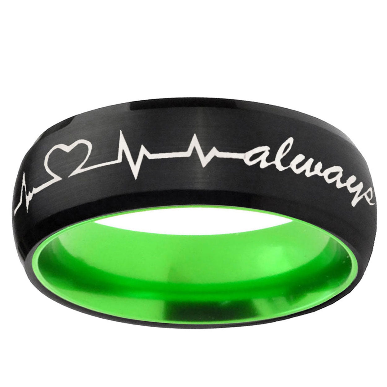 Heart Beat forever Heart always Dome Black Green Tungsten Band