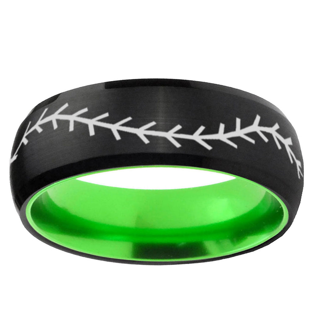 Baseball Stitch Dome Black Green Tungsten Mens Promise Ring