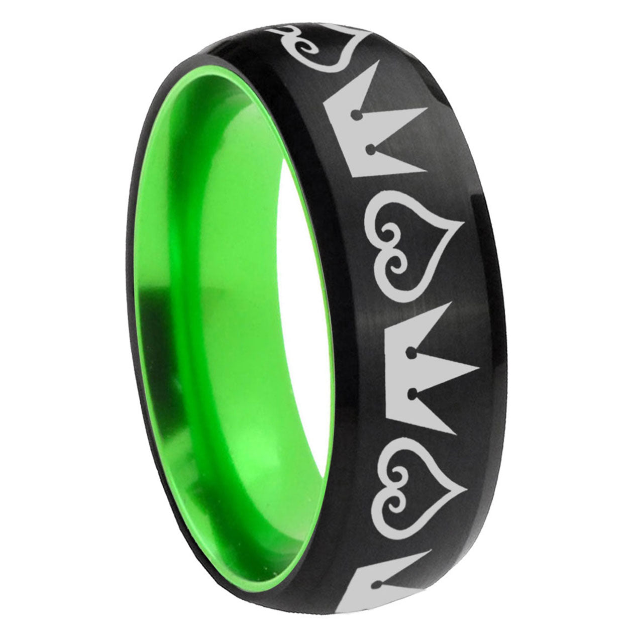 8mm Hearts Crowns Dome Black Green Tungsten Mens Promise Ring
