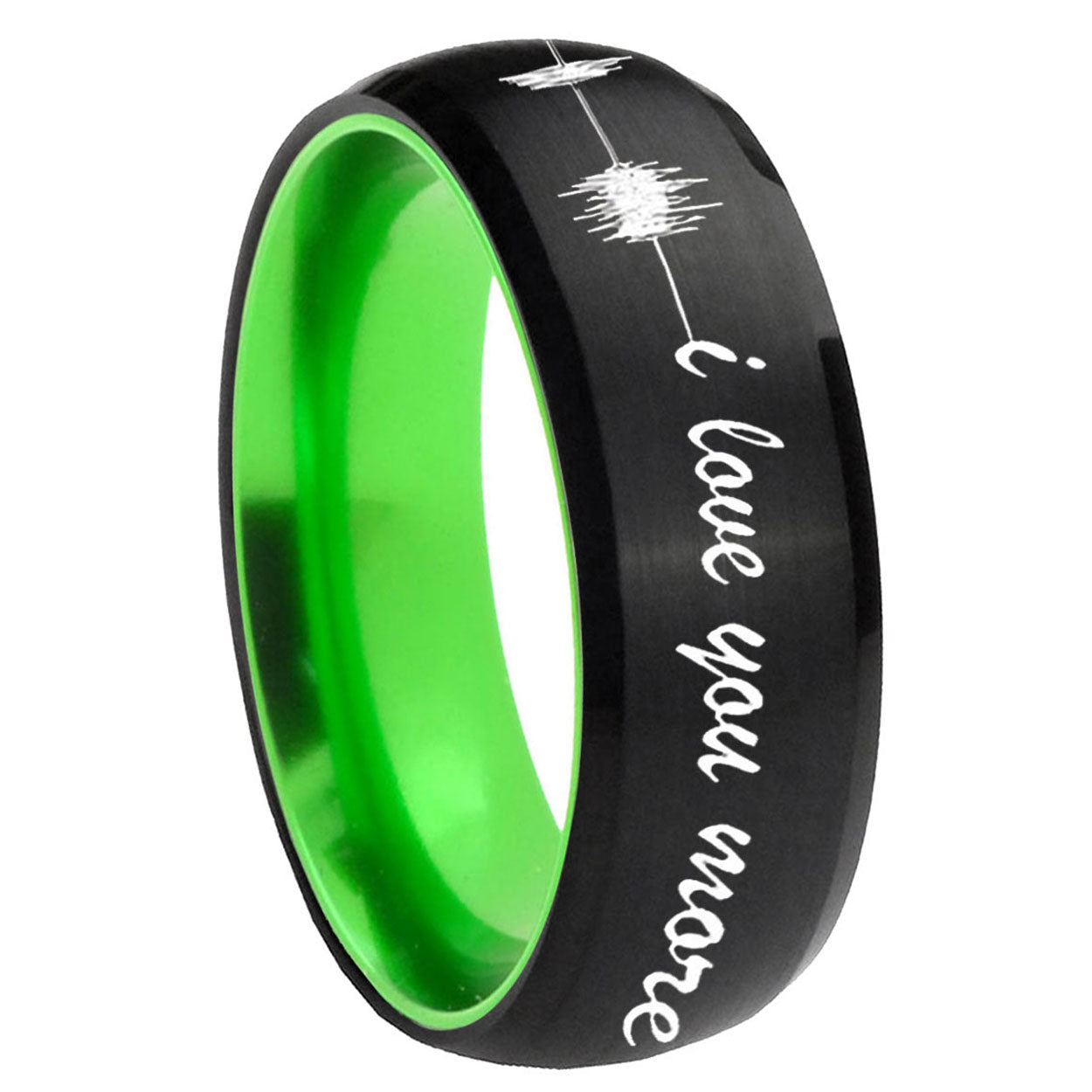 8mm Sound Wave I love you more Dome Black Green Tungsten Ring