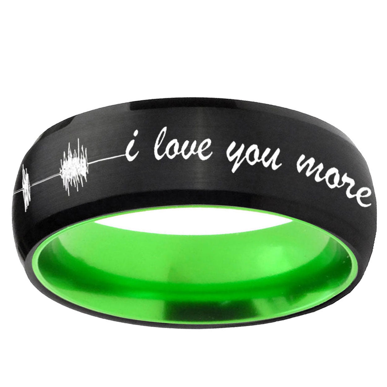 Sound Wave I love you more Dome Black Green Tungsten Ring