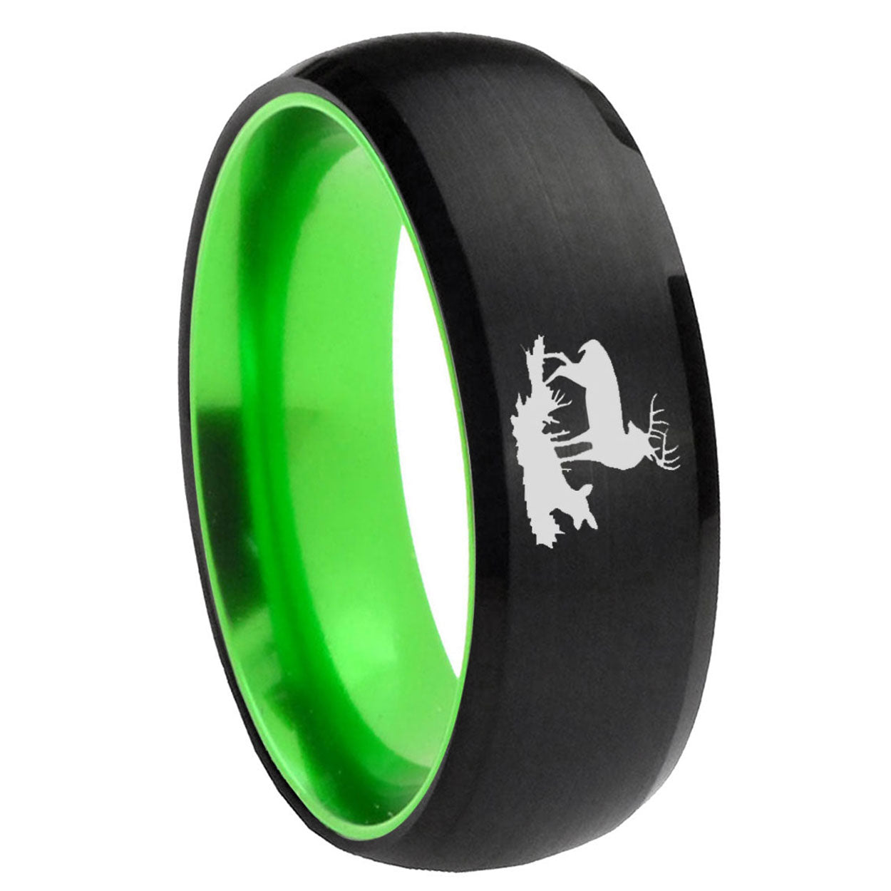 8mm Deer Hunting Dome Black And Green Tungsten Mens Ring